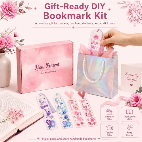 DIY Bookmark Making Kit, 20 Clear Acrylic Bookmark Blanks 5.9 x 2 in with PET Floral Bookmark Stickers, Tassels, Ribbons, Gift Bags, Bookish Gifts for Book Lovers, Book Club Crafts, Readers
