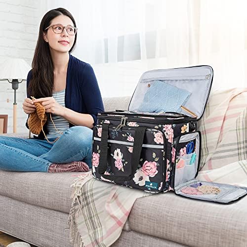 PAVILIA Knitting Yarn Storage Bag Crochet Knitter Organizer, Floral Black