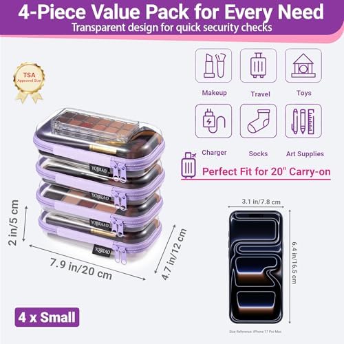 YQBRAO Clear Hard Shell Zipper Cases, 4 Small Cable Organizers, Purple