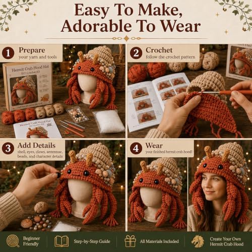 Ocean Series Hood Hat DIY Crochet Kit, Create Your Own Ocean Inspired Character Hood, Handmade Art Crafts for Beginners Adults, Fun Creative Gift for Crochet Lovers，Hermit Crab (Hermit Crab)