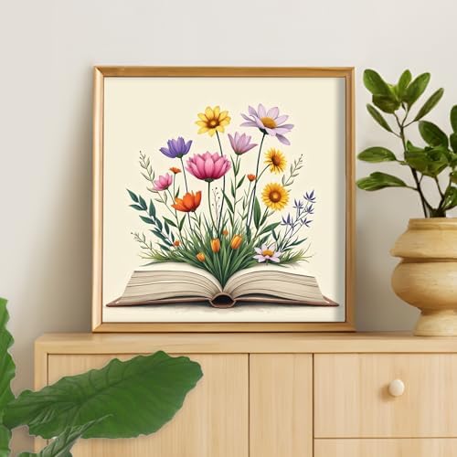 Camocin Framed Paint by Numbers Kit for Adults Beginner - Book and Wildflowers Paint by Number Canvas with Frame, Cottagecore DIY Acrylic Painting Kit for Book Lovers Home Wall Decor 12x12 Inch