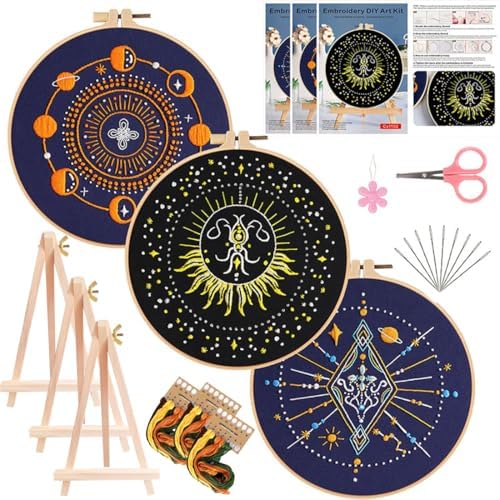 Qupace 3 Pcs Beginner Celestial Constellation Embroidery Kit, Pre-Printed Starry Moon Planet Hand Embroidery Set with Bamboo Hoop, DIY Boho Cosmic Craft Supplies for Adult Wall Decor & Gift