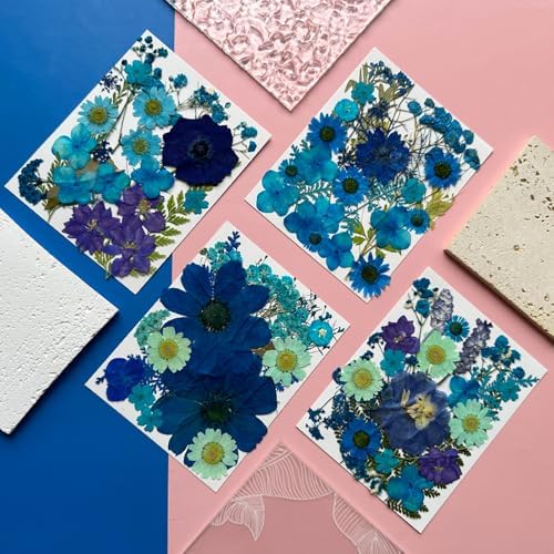 MIKIYA 94Pcs Blue Dried Pressed Flowers for Resin Molds, Assorted Real Natural Bulk Dry Floral Leaves for DIY Art Crafts, Epoxy Jewelry, Candle, Soap Making, Nails Decors Gifts