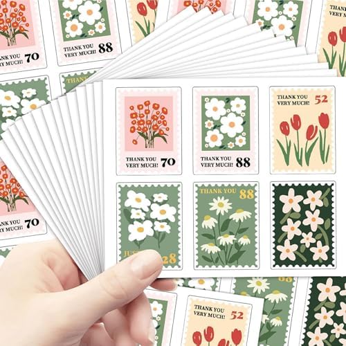 Flower Stamp Stickers,600PCS Flower Thank You Baby Shower Stickers Waterproof Label Stickers Self-Adhesive Labels for Envelopes Gift Wrap Craft