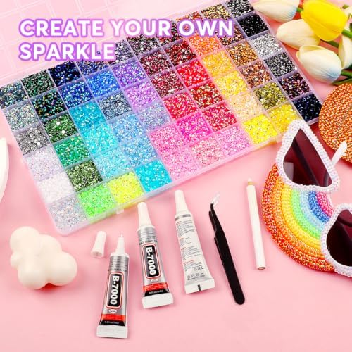Bedazzling Kit 51000Pcs 60 Colors Resin Jelly Nail Art Rhinestones, 3mm Flatback Gems with B7000 Jewelry Glue & Tools, Rhinestones for Bedazzling DIY Crafts Clothes Shoes Makeup Phone Cases
