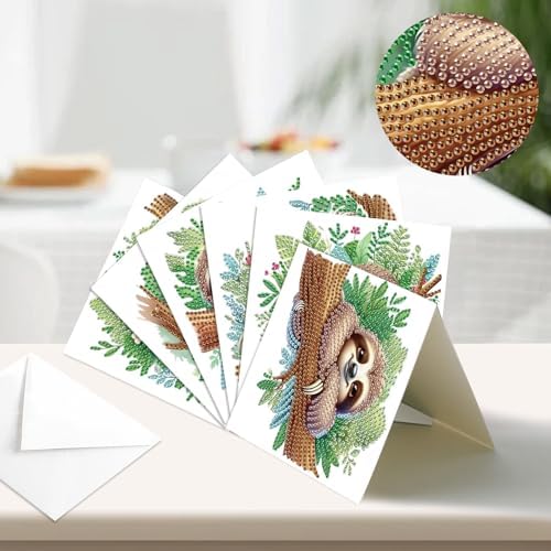 antor 6-Pack Sloth Diamond Art Greeting Cards – DIY 5D Diamond Painting Greeting Card Kits for Adults with Envelopes, Relaxing Rhinestone Card Kit Featuring Cute Hanging Sloths on Tree Branches