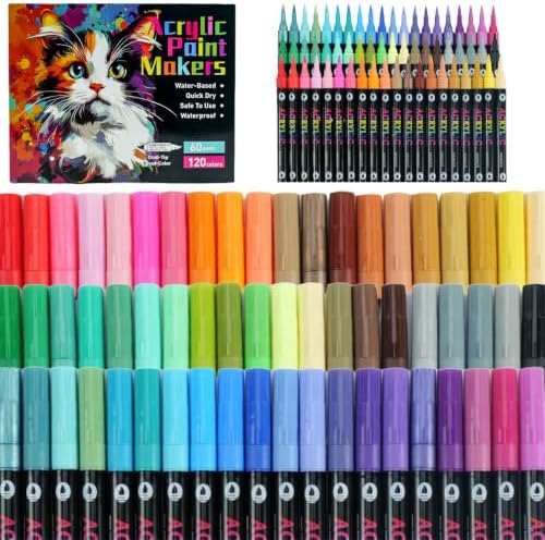 120 Colors Dual Tip Acrylic Paint Marker Pens Set, Multifunctional Acrylic Tips with Laser Pen Body, Professional Acrylic Paint Pens for Wood, Canvas, Rock Painting, Glass, DIY Crafts Art Supplies