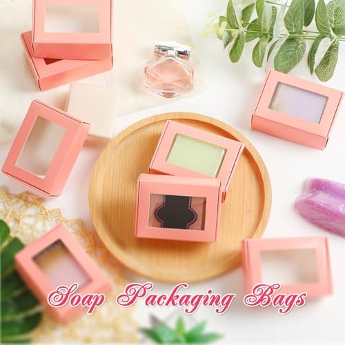 Zonon 60 Pcs Soap Boxes for Homemade Packaging, Mini Kraft Boxes with Window for Bakery Candy Soap Making Gift Packaging, 3.7x2.6x1.4 Inch (Pink)