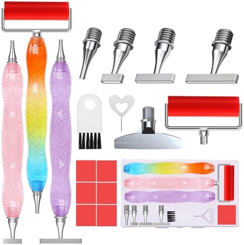 ZYNYXY 17PCS Ergonomic Diamond Art Pen Kits, with Multifunctional Metal Stainless Steel Screw Thin 1, 3, 6, 9, Tips, Correction Placers Roller Accessories(E-Purple+Pink+Color+ 5 PCS Tips)