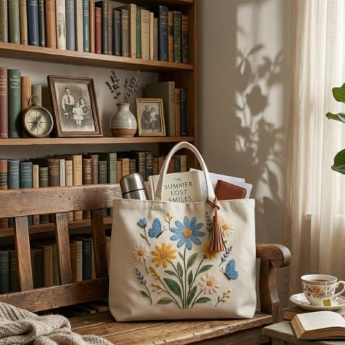 ARTopet Embroidery Tote Bag Kit for Beginners Flower Canvas Cross Stitch Handbag with Hoops Needles Threads Reusable Grocery Bag for Women-Flowers