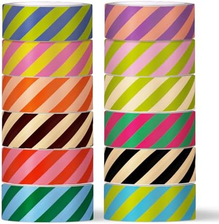 Whaline 12 Rolls Striped Washi Tape Masking Tape Set Colorful Cabana Stripe Decorative Wrapping Paper Tapes Boxed for Birthday Scrapbook Journal DIY Crafts