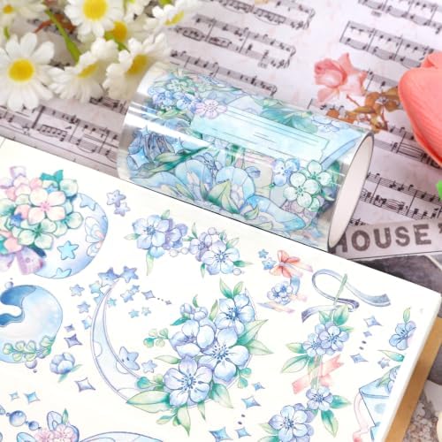 Sitsink PET Tape for Journal Scrapbooking - Blue Floral PET Tape Stickers for Crafts Junk Journal Supplies Notebook Scrapbook DIY Decor Ornament