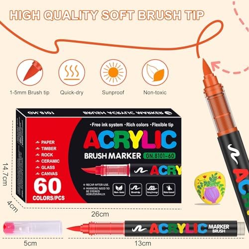 60 Colors Soft Brush Tip Acrylic Markers Set, Paint Pens for Rock, Wood, Fabric, Canvas, Glass, DIY Crafts, Waterproof Paint Markers, Vibrant Acrylic Pens for Artists and Art Projects