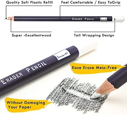 Brusarth Eraser Pencils Set - Professional 3pc Erasing Small Details or Add Highlights for Sketching, Colored Pencils, Charcoal Drawings. Fine Detail Eraser for Beginners & Artists