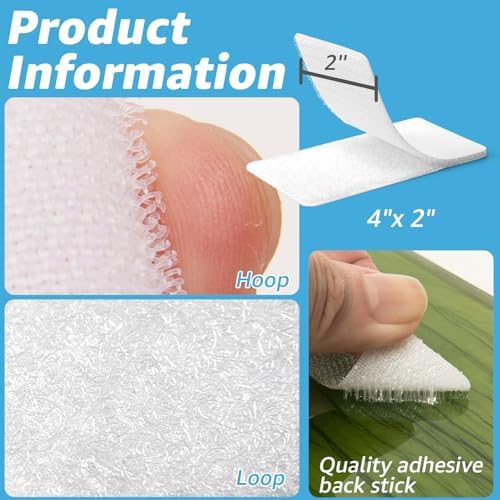 Art3d 48 Sets Hook and Loop Tape Sticky Back, 4"x2" Double-Sided Command Adhesive Strip Heavy Duty, White