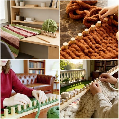 FOBEVTEF 46'' DIY Chunky Knit Blanket Loom, Wooden Loom Frame for DIY Throw Blankets, Adjustable Size Hand Knitting Kit | No Needles Required | Foldable & Portable | Beginner Friendly Yarn Craft