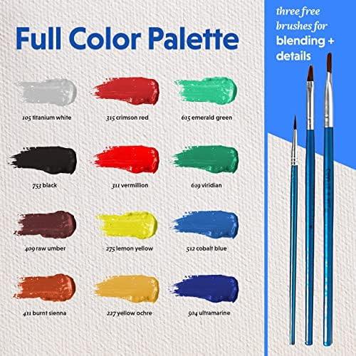 Crafts 4 All Acrylic Paint Set - Art Paints for Canvas, Model Painting, Wood, Ceramics and Fabric - Craft Supplies with 3 Artist Brushes for Adults & Kids﻿, 12 Pack, 12mL