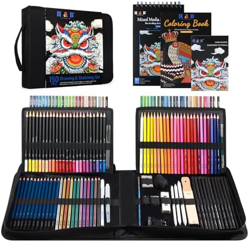 H & B 150PCS Drawing Pencils Set with Portable Zipper Bag – Professional Sketching & Art Supplies Kit with Sketchpad and Colored Pencils for Adults & Artists