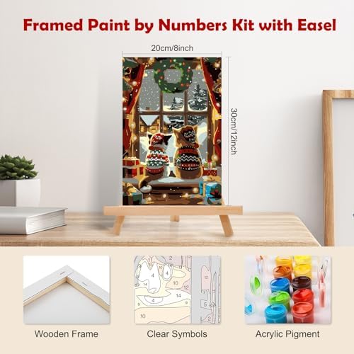 MOGTAA Christmas Cat Paint by Numbers Kit for Adults Beginners with Frame, Winter Adult Paint by Number Kits on Canvas with Easel, Easy DIY Oil Painting Kits for Home Decor, 8x12in
