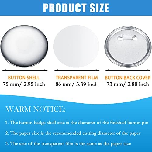 300 Pieces Blank Button Making Supplies Round Badge Parts Metal Pin Badge Kit for Button Maker Machine, Including Metal Shells Back Cover and Clear Film(3 Inch,Silver)