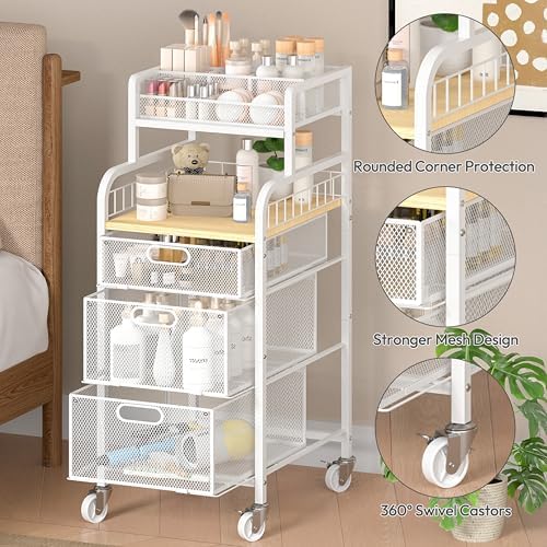 SWTYMIKI Rolling Cart with Drawers - Metal Craft Cart with Wheels, DIY Divider and Wood Shelf, Art Supply Organizer Craft Organizer and Storage, Utility Storage Cart for Home Office Studio, White