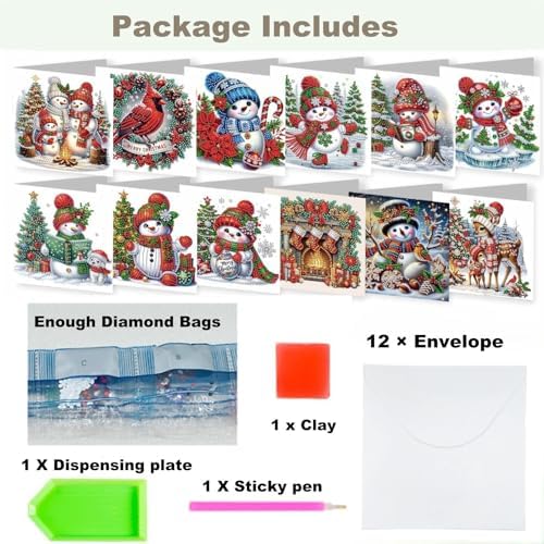 Zyvoreva 12 PCS Christmas Snowman Diamond Art Greeting Cards with Envelopes, Diamond Painting Greeting Cards Kit for Adults DIY Holiday (red)