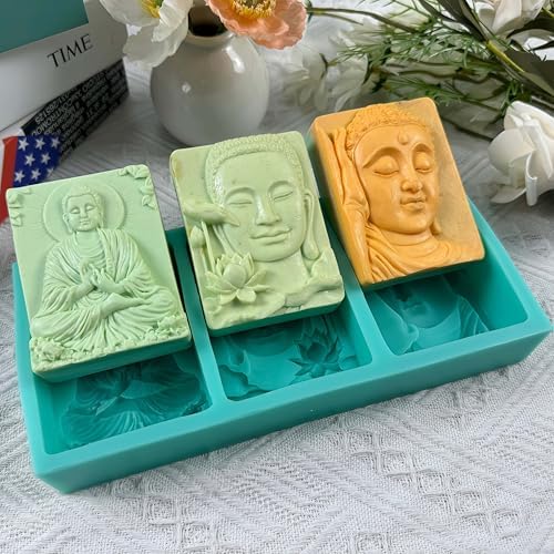 3 Cavity Buddha Silicone Soap Mold - 3D Buddha & Lotus Soap Making Mold for Homemade Soap, Candles & Crafts - Non-Stick Reusable Silicone Craft Mold
