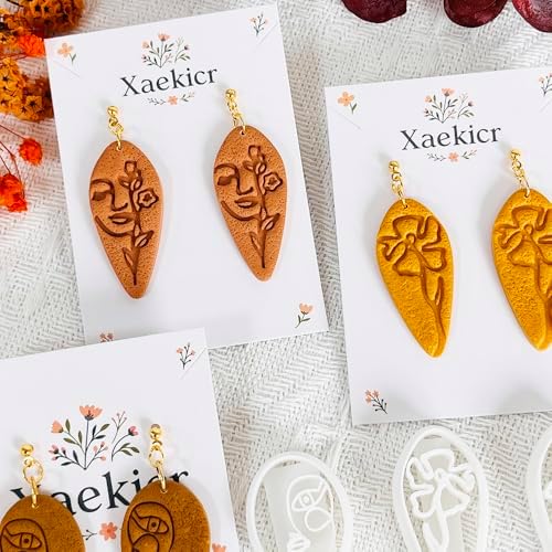 Xaekicr Abstract Face Polymer Clay Cutters Set – 3PCS Clay Earring Cutters with Floral Line Design – Embossed Polymer Clay Molds for DIY Jewelry and Crafts