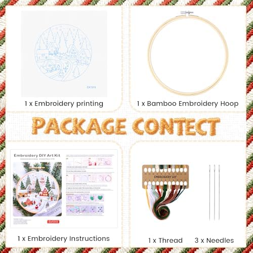 Christmas Embroidery Kit for Adults & Beginners - Gnomes & Cross Stitch Patterns, Cotton, Threads, Needles & Instructions (4 Pcs)
