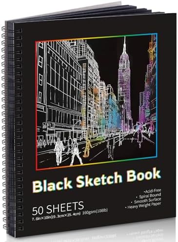 Black Paper Sketchbook, 7.6 × 10 in, 50 Sheets, Spiral Hardcover