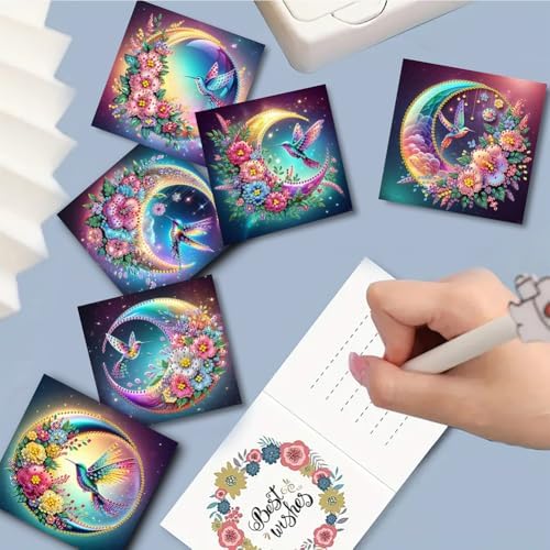 Diamond Art Cards with Envelopes–6PCS DIY Diamond Painting Greeting Cards Kit | Card Making Kit with Bling for Adults & Beginners | Birthday,Holiday & Thank You Cards (Hummingbird and Moon)