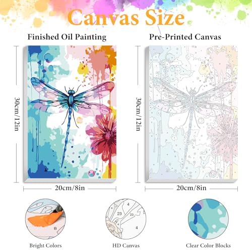 Framed Paint by Numbers Kit for Adults, Dragonfly & Flower Decor 8x12 Inch