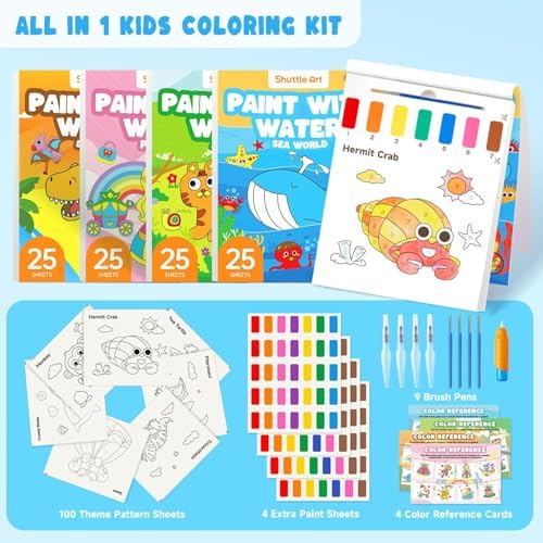 Shuttle Art Paint with Water Coloring Book for Kids, Pack of 4, 100 Sheets Watercolor Paint Set for Kids Ages 3-5, 4-8, Mess Free Travel Art Supplies, Birthday Christmas Craft Gift