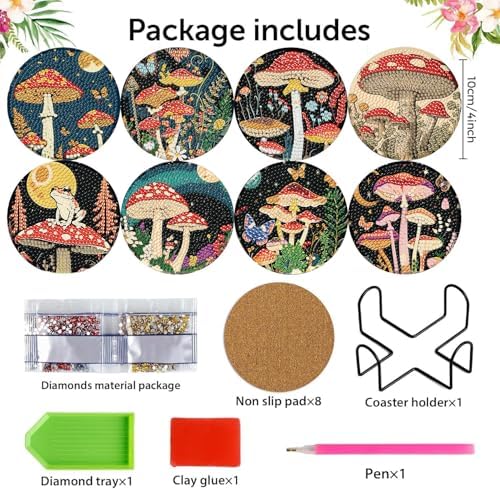 Zythron 8 Pack Diamond Art Coasters,Mushroom Diamond Painting Coasters Kits