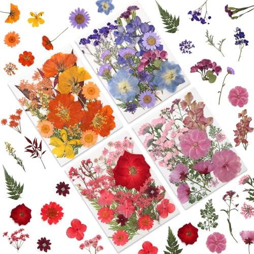 LUXEEASE 80P Vibrant Multicolor Dried Pressed Flowers | No matching needed, layered blooms sizes, orange purple red pink, for resin scrapbook candle decor, tweezers included