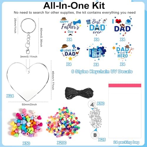 24 Set Fathers Day Crafts Kits, Dad DIY Keychain Bulk Set with Acrylic Blank and UV Stickers, Father's Craft Gifts Making Kit, Funny Classroom Home Birthday Art Activities Party Favors
