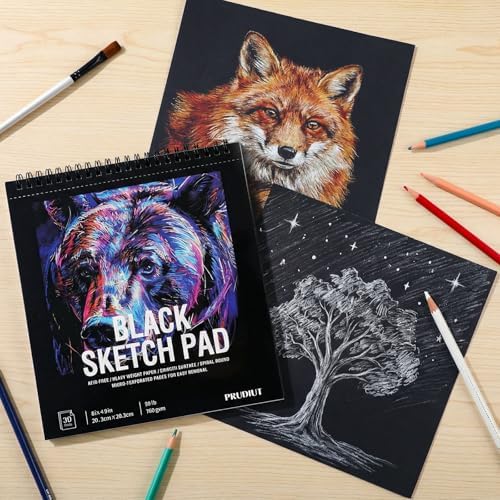 Black Paper Sketchbook 8 × 8 in, 30 Sheets, 160gsm Spiral Bound Drawing Pad | Acid-Free 98Lb Black Paper, Top Spiral, Tear-Off Pages, Hardcover, for Colored Pencil, Chalk & Metallic Markers