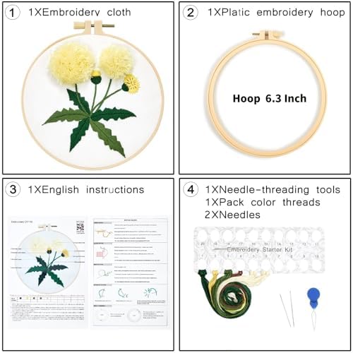 Dandelion Flower Embroidery Kits for Beginners Adults, Hand Embroidery Starter Kits, Cross Stitch Kits for Beginners DIY Craft Kits for Adults Women, Entire Set of Embroidery Supplies & Video Tutorial