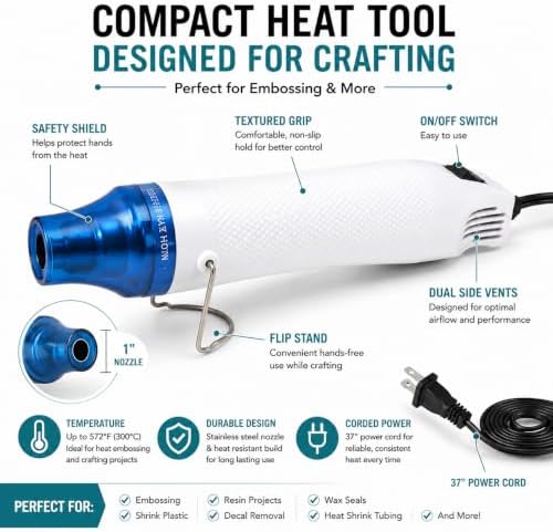 Pixiss Heat Tool Embossing Heat Gun for Crafts, Embossing Arts, Candles, Shrink Wrap. 4 Embossing Powders, Anti-Static Embossing Pad
