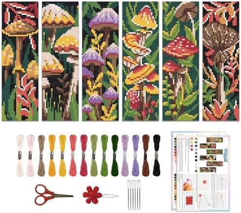 ORIGACH 6 Set Mushroom Plants Cross Stitch Bookmark Kit for Beginner