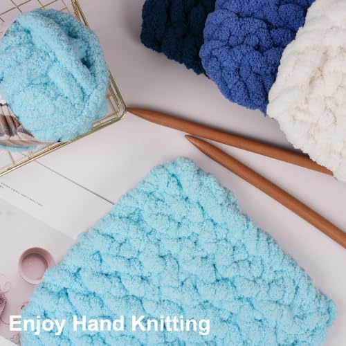 Chunky Yarn for Hand Knitting, #10 Chunky Blanket Chenille Yarn, Large Bulky Thick Jumbo Yarn, Super Chunky Knit Yarn for Crocheting, 8 Skein (8 oz 22 yds Each Skein), White & Multi Blue