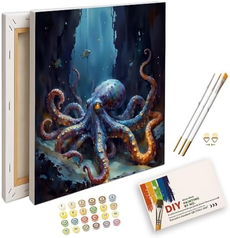 Underwater Fantasy Paint by Numbers Kit for Adults - DIY Glowing Octopus in Cave Painting on Canvas 16X20IN framed, Acrylic Paint Set, Suitable for Beginners, Art for Home Decoration or Gifts