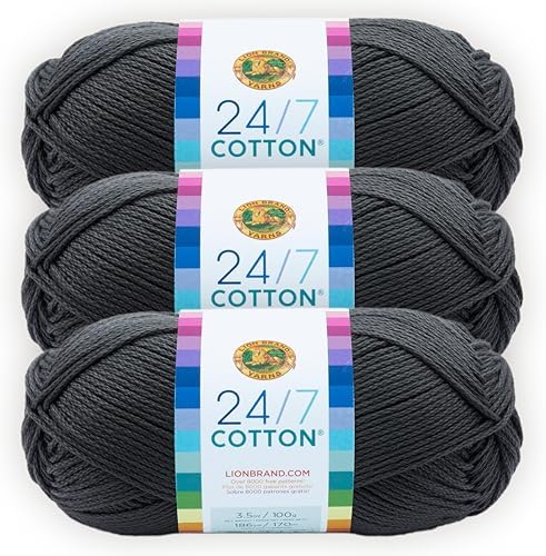 Lion Brand Yarn, 24/7 Cotton Yarn, Charcoal, Gray, 3 Pack