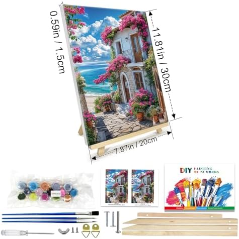 JOOZ Paint by Numbers Kit for Adults with Frame, Seaside Scene Paint by Number with Easel, DIY House Flowers Oil Painting by Numbers, Adult Paint by Number Kits Landscape for Wall Decor 8x12 Inch