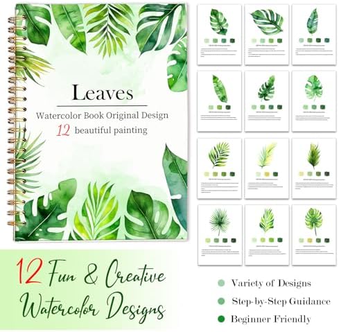 Easy Watercolor Workbook for Beginners - 12 Beautiful Step-by-Step Paintings Water Coloring Book, Includes 18 Colors Paints, Relaxing Art Projects and Creative Gift for Adults & Teen (Leaves)