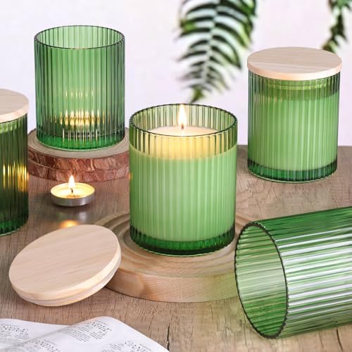 Green Candle Jars with Lids, 8-Pack 12oz Ribbed Glass Candle Containers