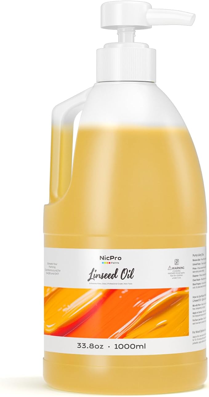 Nicpro Refined Linseed Oil for Painting, 33.8oz/1000ml with Pump | Painting Medium for Thinning Oil Paints & Glazing, Improves Flow, Transparency & Gloss, Linseed Oil for Wood Finish