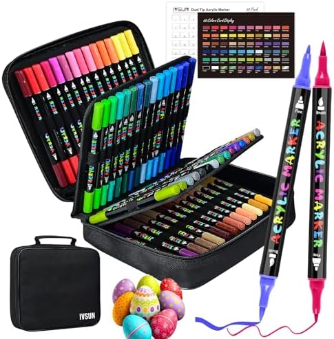 IVSUN Acrylic Paint Pens, 60 Colors Water-Based Dual Tip Paint Markers | with Fine and Brush Tip for Stone, Wood, Canvas, Calligraphy, Ceramic, Metal, Glass, Rock Painting, DIY Crafts