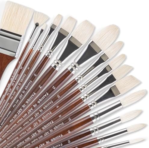 Falling in Art 15 Pcs Professional Oil Paint Brush Set, Natural Hog Bristle