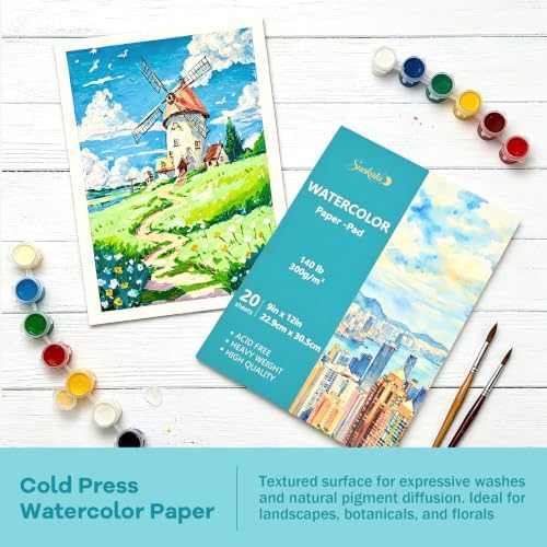 Suokata Watercolor Paper Book, 9"x12", 300 GSM Cold Press Texture Paper Pad
